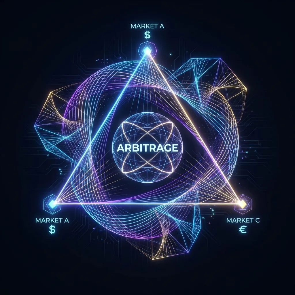 Abstract neon geometry connecting three market points representing triangular arbitrage