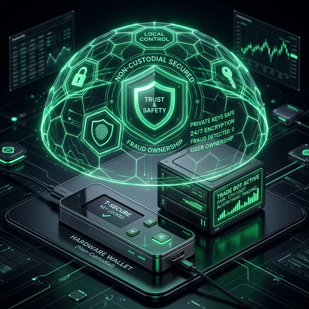 Security shield over crypto trading bot interface showing safety verification