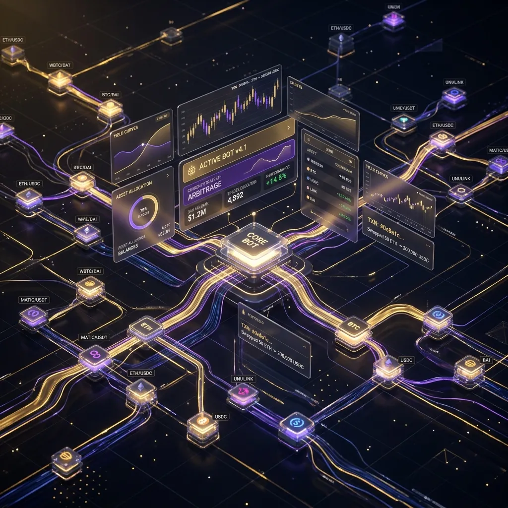 DeFi trading bot interface showing automated swaps across decentralized exchanges