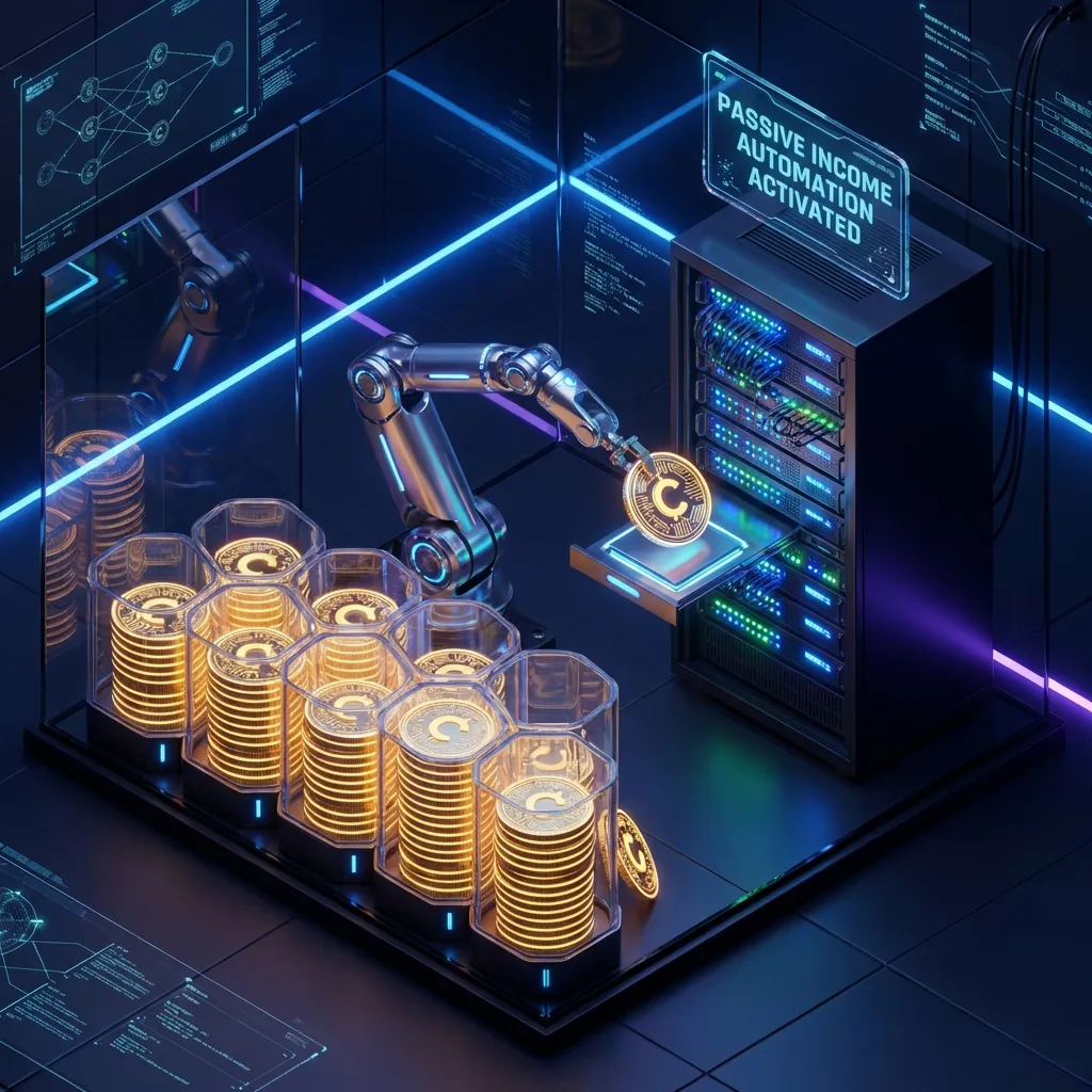 Isometric sci-fi server rack generating digital gold coins via automation