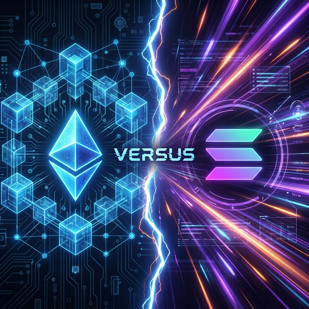 Split screen versus battle between Ethereum blue geometric blocks and Solana purple speed streams